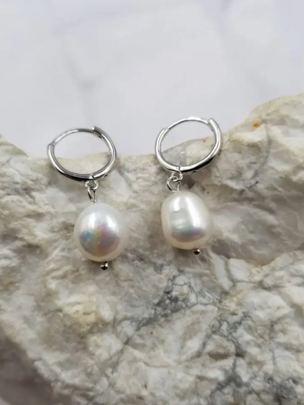S925 Sterling Silver Huggie Hoop Earrings Baroque Freshwater Pearl Women Gift